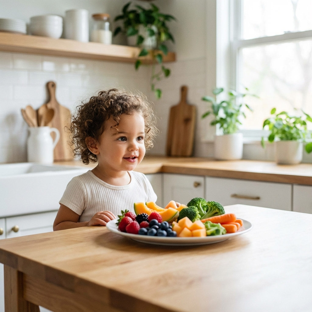 Happy toddler exploring colorful fruits and vegetables
